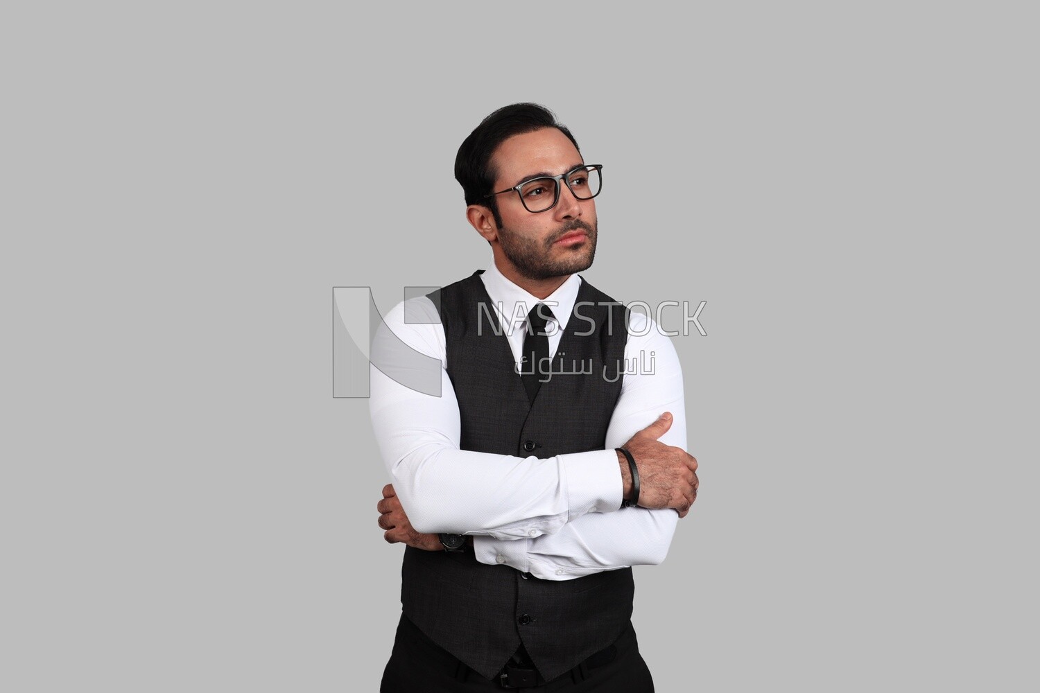 Photo of a businessman with a formal suit with crossed hands, business development and partnerships, business meeting, Model