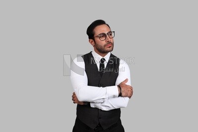 Photo of a businessman with a formal suit with crossed hands, business development and partnerships, business meeting, Model