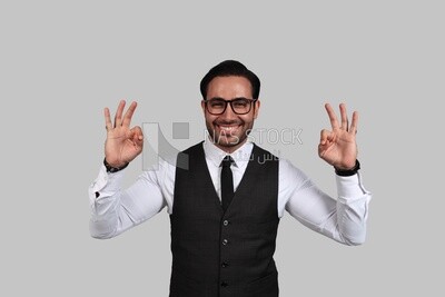 صورة لرجل أعمال يرتدي بدلة رسمية مع إيماءة اليد ، وتطوير الأعمال والشراكات ، واجتماع العمل ، موديل