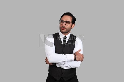 Photo of a businessman with a formal suit with crossed hands, business development and partnerships, business meeting, Model