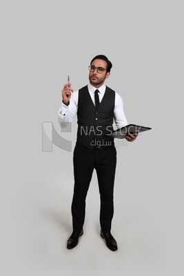 Photo of a businessman with a formal suit holding documents in one hand and a pen in the other, business development and partnerships, business meeting, Model