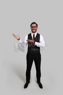 Photo of a businessman with a formal suit with hand gesture, business development and partnerships, business meeting, Model
