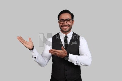 Photo of a businessman with a formal suit with hand gesture, business development and partnerships, business meeting, Model