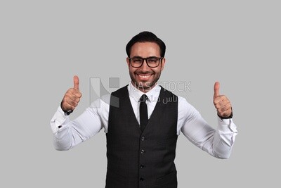 Photo of a businessman with a formal suit with hand gesture, business development and partnerships, business meeting, Model