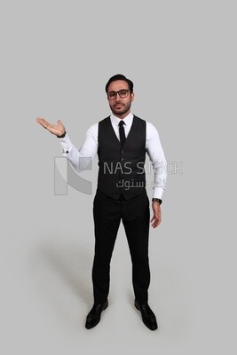 Photo of a businessman with a formal suit with hand gesture, business development and partnerships, business meeting, Model