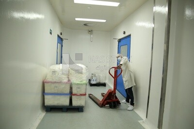 Specialist who works in a pharmaceutical factory and wears a white coat and a hair cap