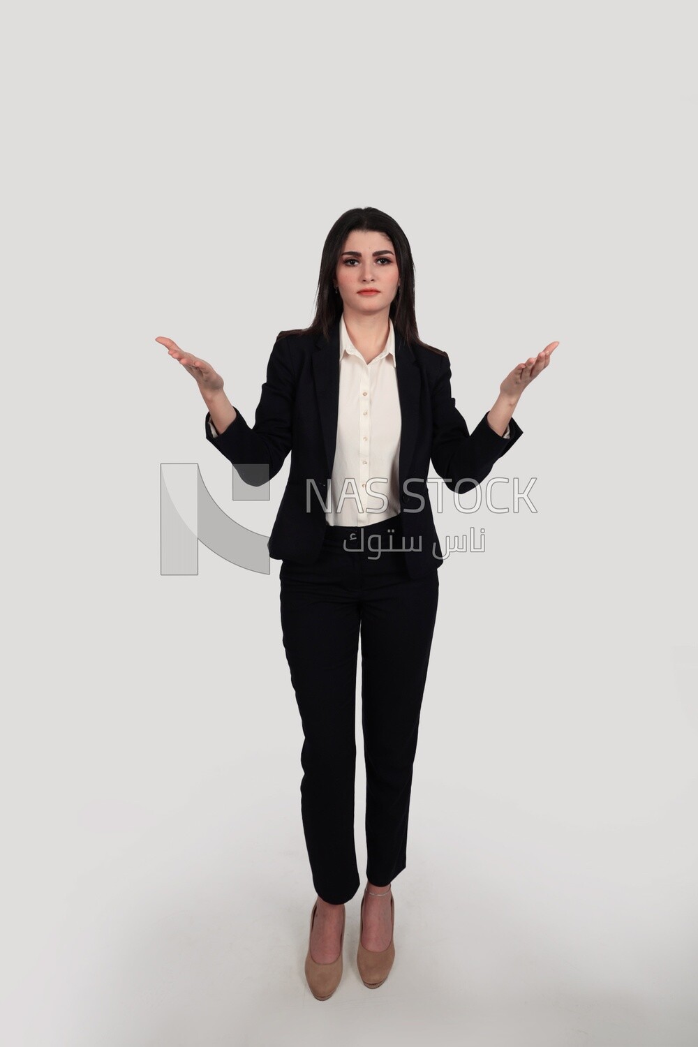 Photo of a businesswoman with formal wear standing on a white background looks like she is angry, business development and partnerships, business meeting, Model