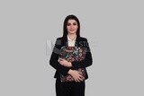 Photo of a businesswoman with formal wear standing on a white background, business development and partnerships, business meeting, Model