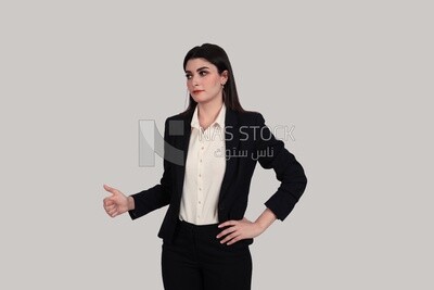 Photo of a businesswoman with formal wear standing with a hand gesture, business development and partnerships, business meeting, Model