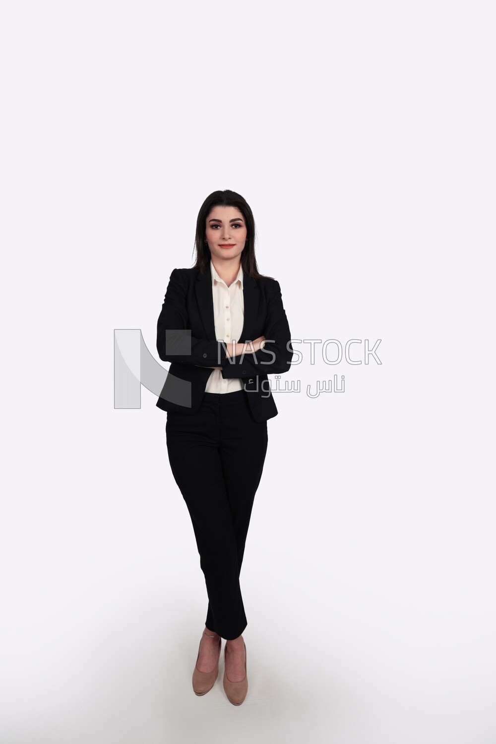 Photo of a businesswoman with formal wear standing with crossed hands, business development and partnerships, business meeting, Model