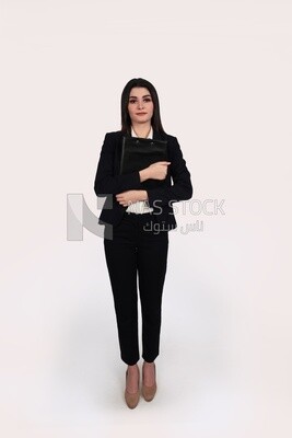 Photo of a businesswoman with a formal suit standing and holding documents, business development and partnerships, business meeting, Model