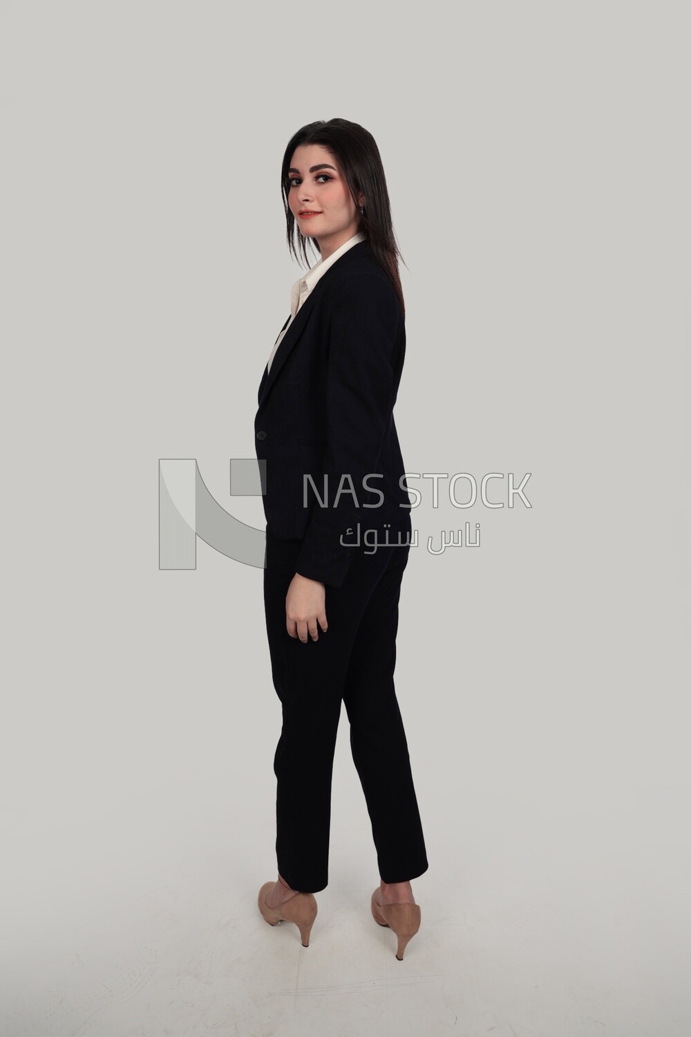 Photo of a businesswoman with formal wear standing on a white background, business development and partnerships, business meeting, Model