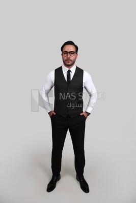 Photo of a businessman with a formal suit putting his hand in his pocket, business development and partnerships, business meeting, Model