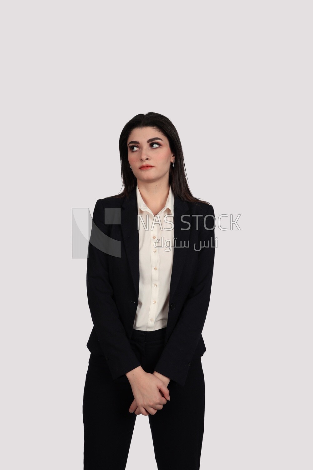 Photo of a businesswoman with formal wear standing on a white background, business development and partnerships, business meeting, Model