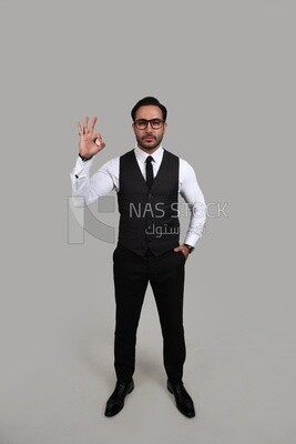 صورة لرجل أعمال يرتدي بدلة رسمية مع إيماءة اليد ، وتطوير الأعمال والشراكات ، واجتماع العمل ، موديل
