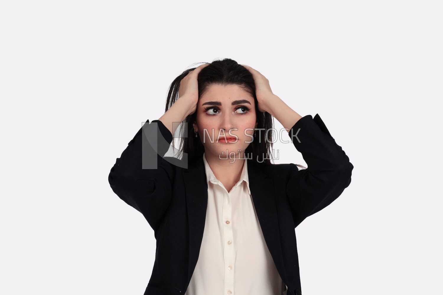 Photo of a businesswoman with formal wear standing looks like she is tired, business development and partnerships, business meeting, Model