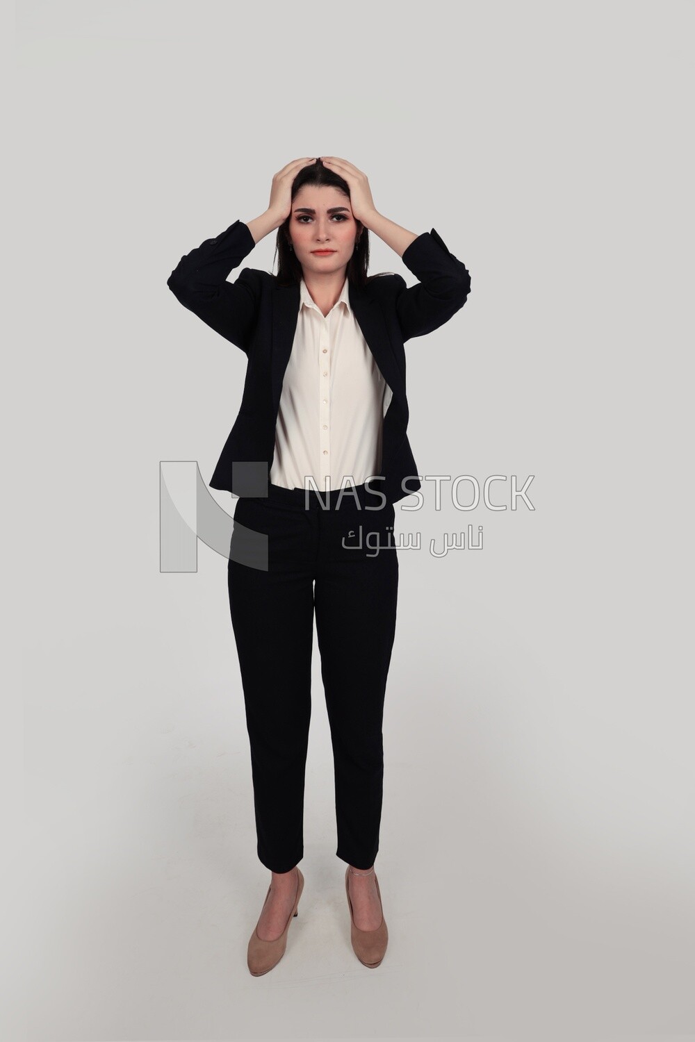 Photo of a businesswoman with formal wear standing looks like she is tired, business development and partnerships, business meeting, Model