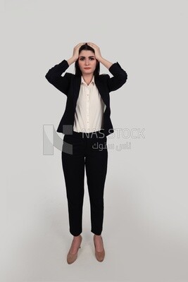 Photo of a businesswoman with formal wear standing looks like she is tired, business development and partnerships, business meeting, Model