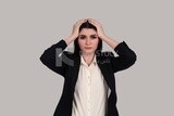 Photo of a businesswoman with formal wear standing looks like she is tired, business development and partnerships, business meeting, Model