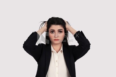 Photo of a businesswoman with formal wear standing on a white background looks like she is angry, business development and partnerships, business meeting, Model