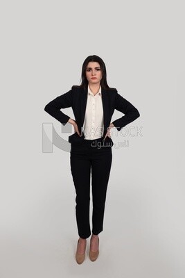 Photo of a businesswoman with a formal suit standing putting her hands on her waist, business development and partnerships, business meeting, Model