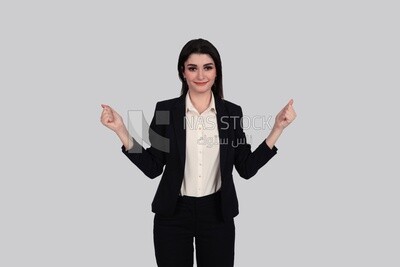 Photo of a businesswoman with formal wear standing with a hand gesture, business development and partnerships, business meeting, Model