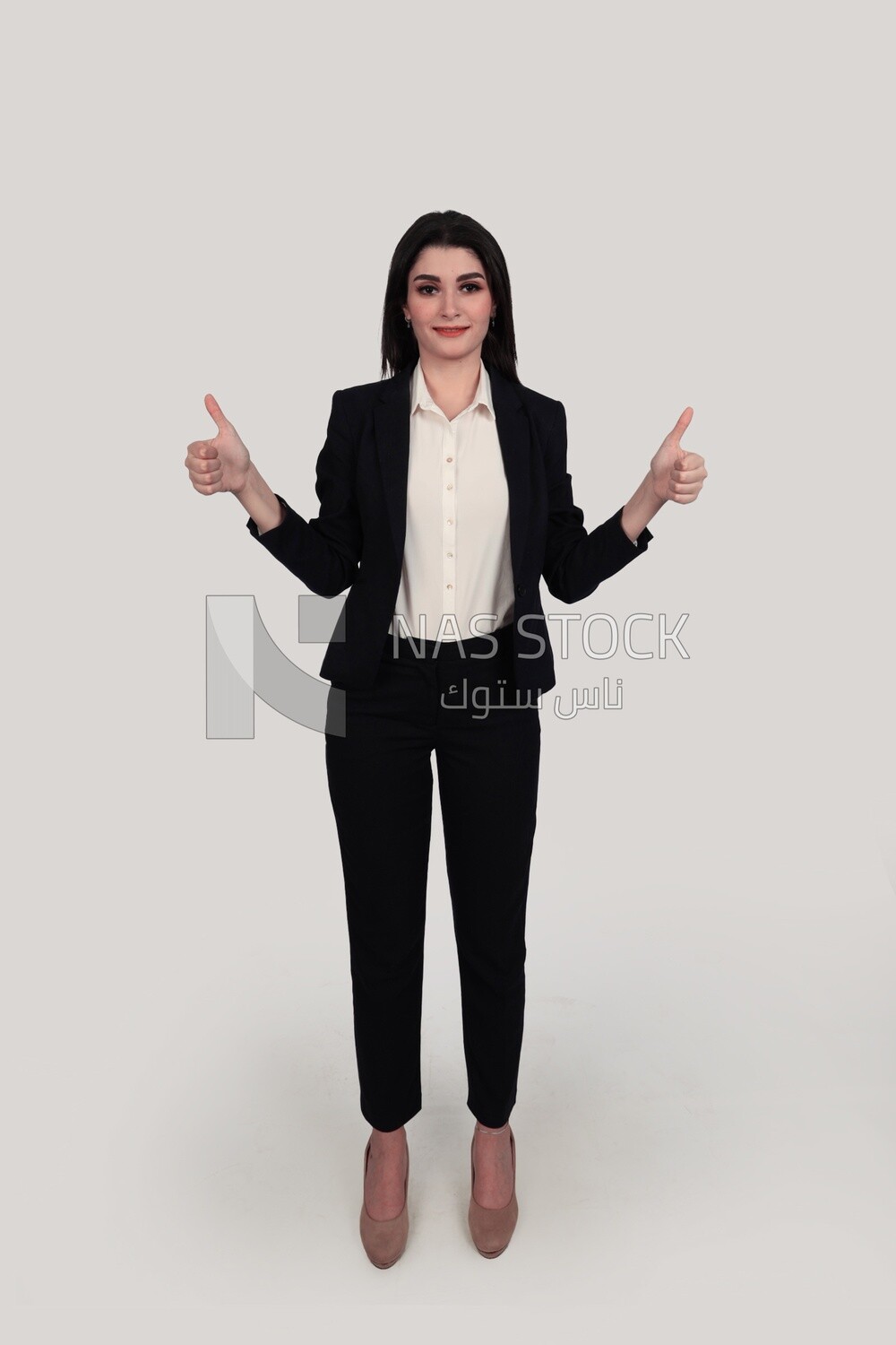 Photo of a businesswoman with formal wear standing with a hand gesture, business development and partnerships, business meeting, Model