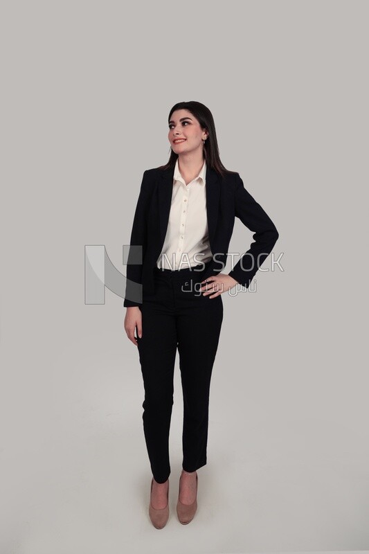 Photo of a businesswoman with formal wear standing on a white background, business development and partnerships, business meeting, Model