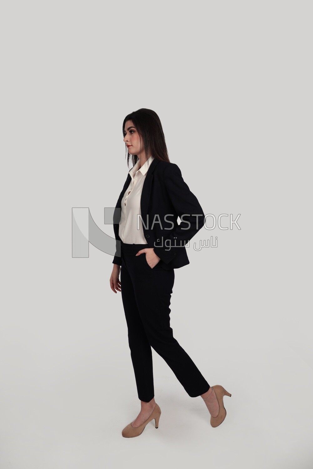 Photo of a businesswoman with formal wear standing on a white background, business development and partnerships, business meeting, Model