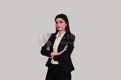 Photo of a businesswoman with formal wear standing with crossed hands, business development and partnerships, business meeting, Model