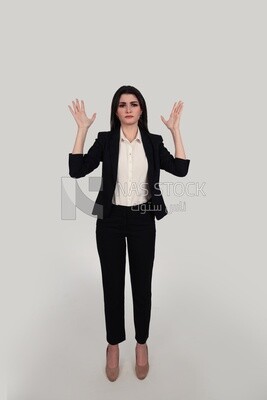 Photo of a businesswoman with formal wear standing with a hand gesture, business development and partnerships, business meeting, Model