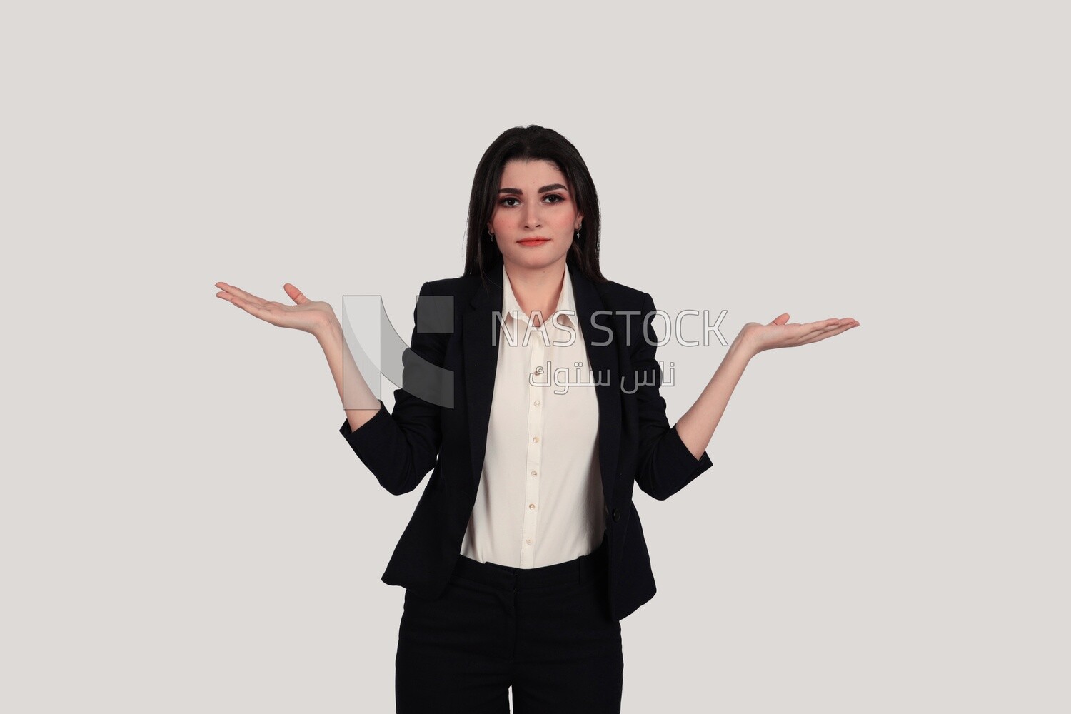 Photo of a businesswoman with formal wear standing with a hand gesture, business development and partnerships, business meeting, Model