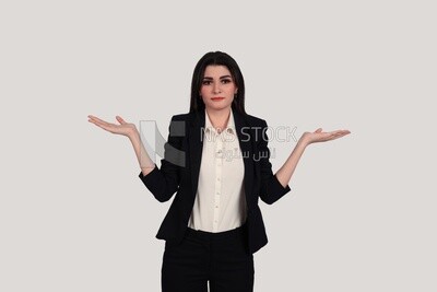 Photo of a businesswoman with formal wear standing with a hand gesture, business development and partnerships, business meeting, Model