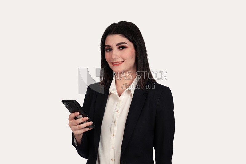 Photo of a businesswoman with formal wear holding a mobile phone, business development and partnerships, business meeting, Model