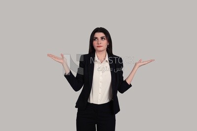 Photo of a businesswoman with formal wear standing with a hand gesture, business development and partnerships, business meeting, Model