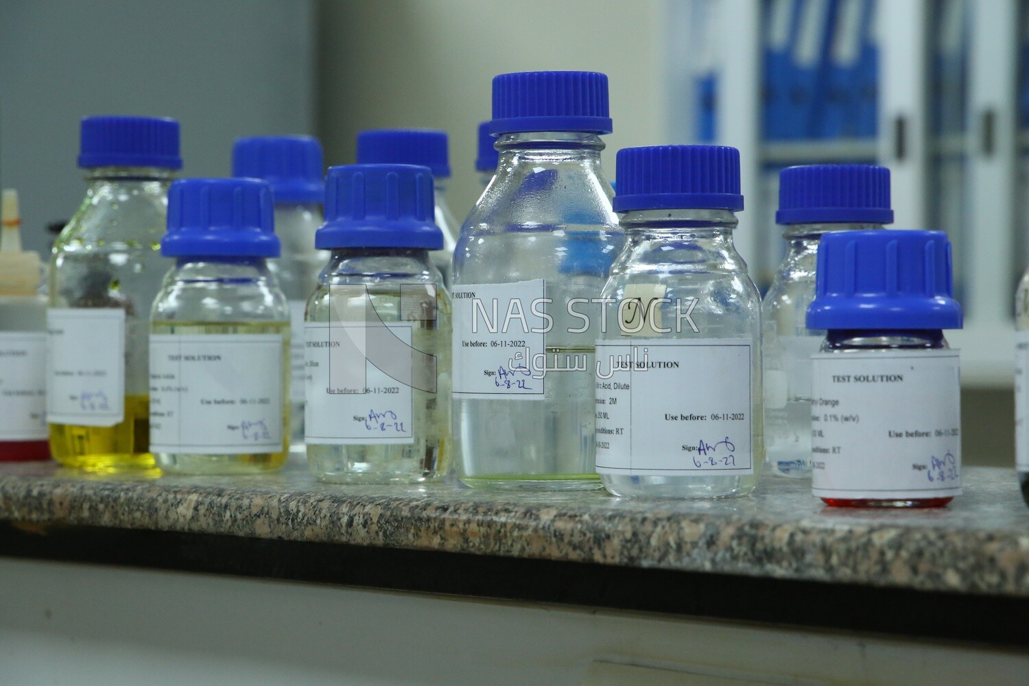Laboratory in a pharmaceutical factory that contains bottles containing chemicals for the manufacture of medicine