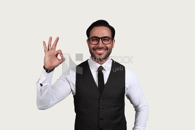 Photo of a businessman with a formal suit with hand gesture, business development and partnerships, business meeting, Model