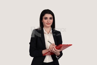 Photo of a businesswoman with a formal suit standing and holding documents, business development and partnerships, business meeting, Model
