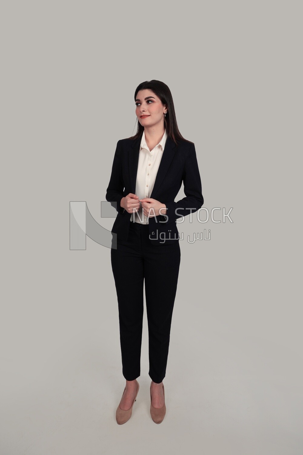 Photo of a businesswoman with formal wear standing on a white background, business development and partnerships, business meeting, Model