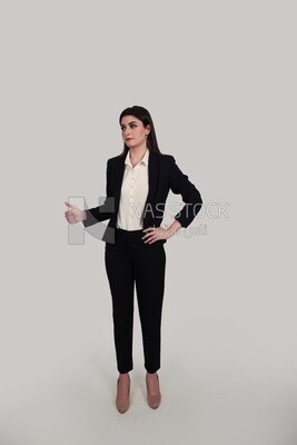 Photo of a businesswoman with formal wear standing with a hand gesture, business development and partnerships, business meeting, Model