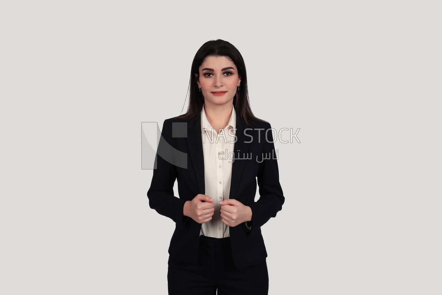 Photo of a businesswoman with formal wear standing on a white background, business development and partnerships, business meeting, Model