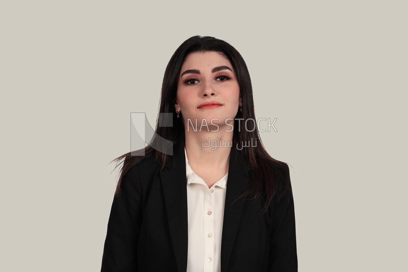 Photo of a businesswoman with formal wear standing on a white background, business development and partnerships, business meeting, Model