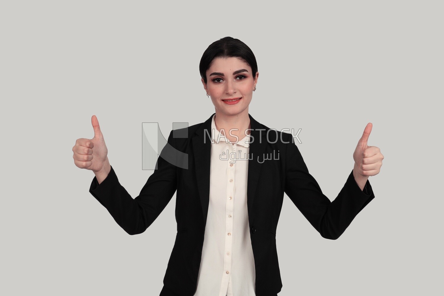 Photo of a businesswoman in formal wear standing with a hand gesture looking happy, business development and partnerships, business meeting, Model