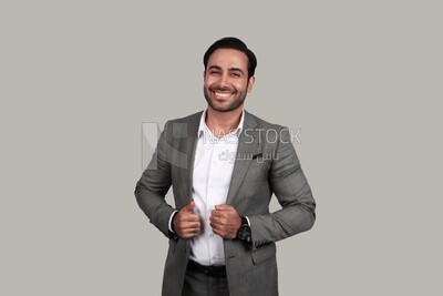 Photo of a businessman with a formal suit standing on a white background, business development and partnerships, business meeting, Model