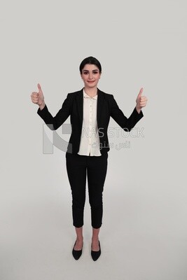 Photo of a businesswoman in formal wear standing with a hand gesture looking happy, business development and partnerships, business meeting, Model