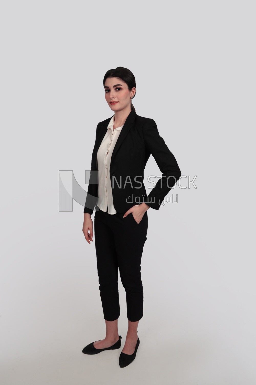 Photo of a businesswoman with formal wear standing on a white background, business development and partnerships, business meeting, Model