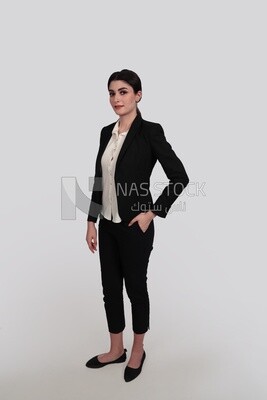 Photo of a businesswoman with formal wear standing on a white background, business development and partnerships, business meeting, Model