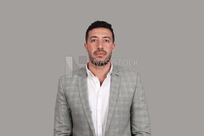 Photo of a businessman with a formal suit standing on a white background, business development and partnerships, business meeting, Model