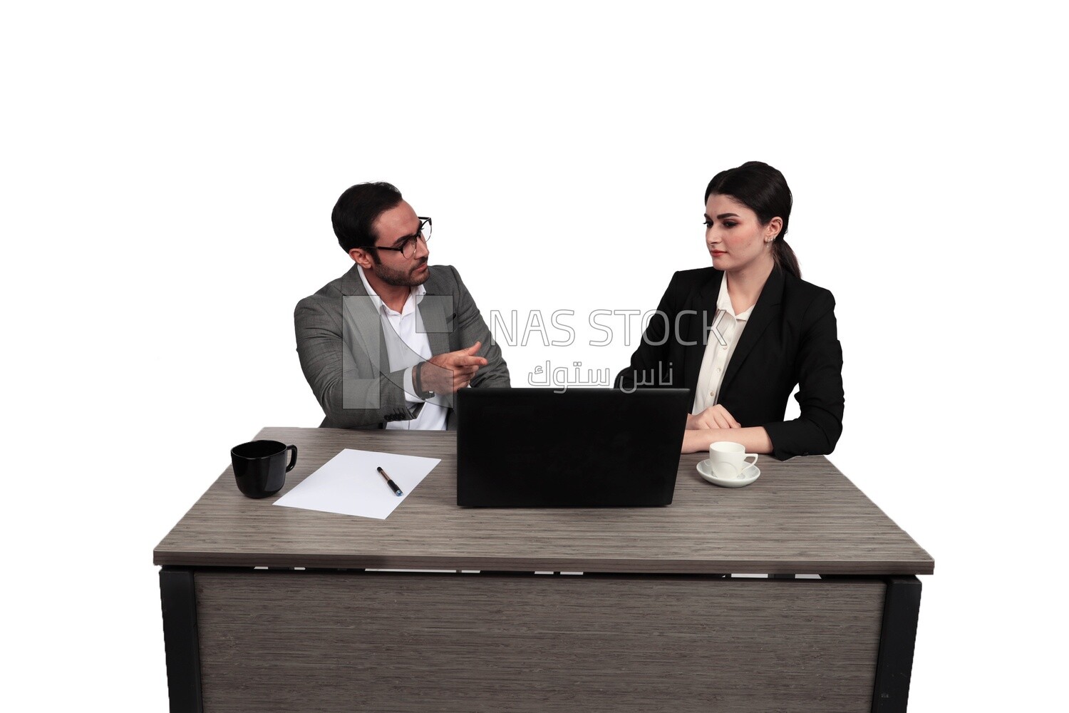 Photo of a businessman and a businesswoman sitting in the office discussing the work, business development and partnerships, business meeting, Model