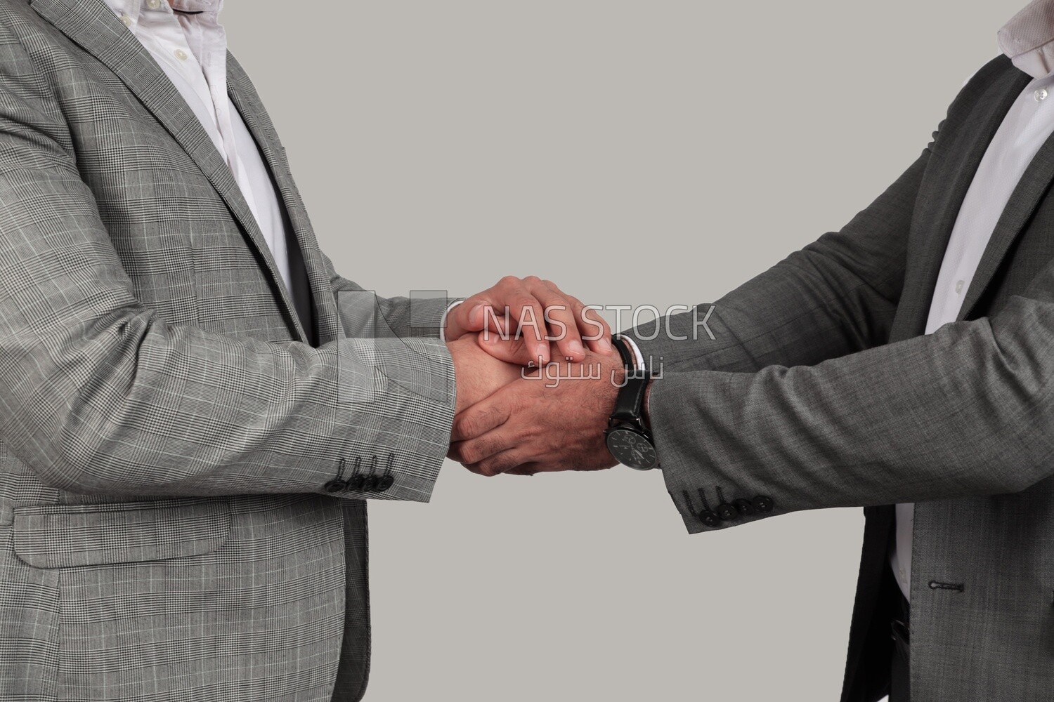 Photo of two businessmen shaking hands, business development and partnerships, business meeting, Model
